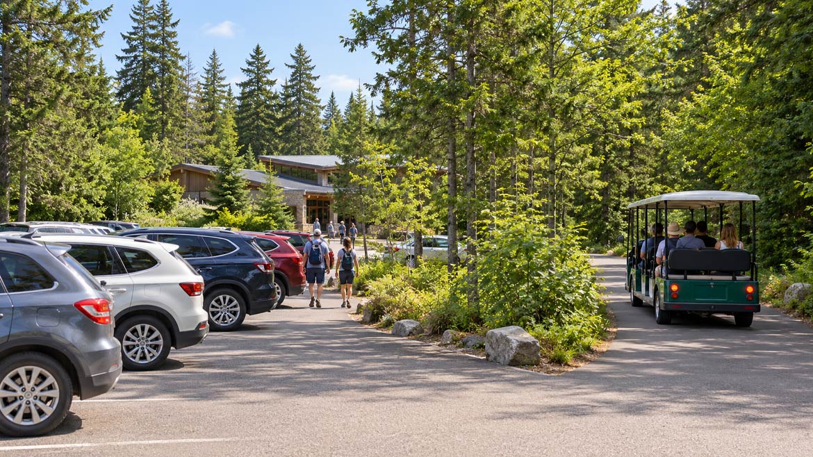 Visitor parking and the internal park shuttle at Hopewell Rocks Provincial Park