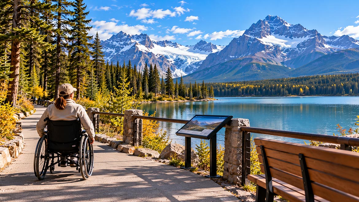 Wheelchair user on a lakeside trail