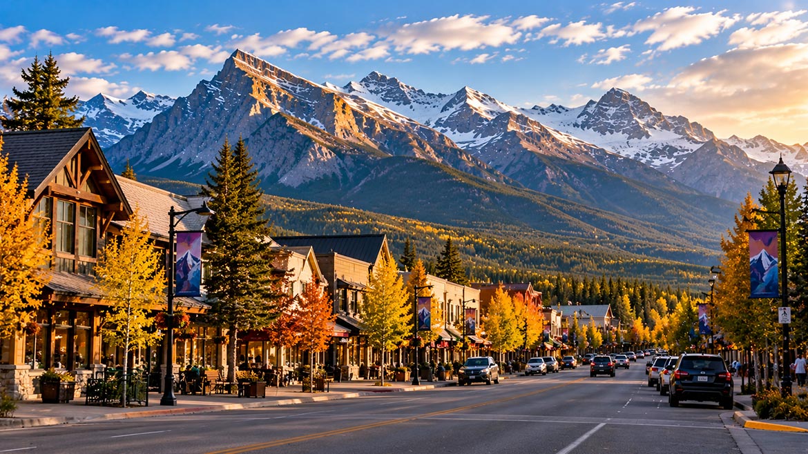 Jasper-inspired mountain town streetscape