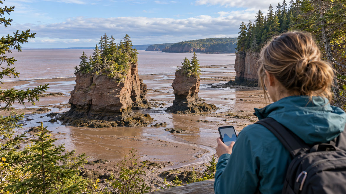 Traveller checking tide information above the exposed ocean floor at Hopewell Rocks