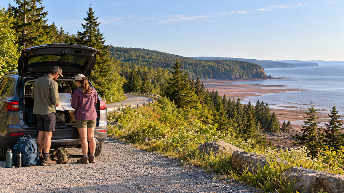 Travellers planning a multi-day road trip beside the forested Bay of Fundy coast