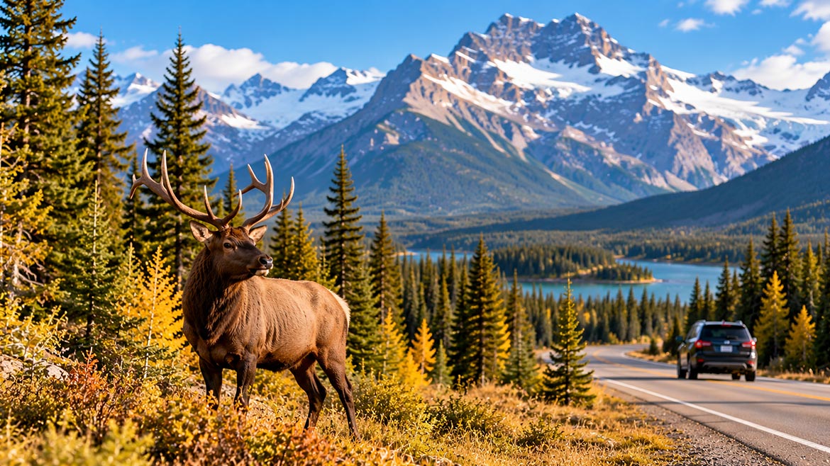 Bull elk beside a mountain road in Jasper