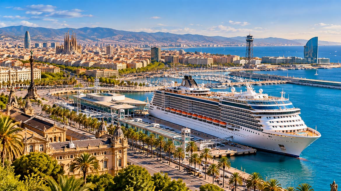 Luxury cruise ship docked at Barcelona Port overlooking the city skyline and Mediterranean Sea.