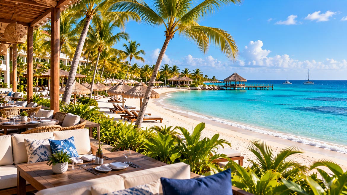 Luxury Caribbean all-inclusive resort with beachfront dining, palm trees and turquoise waters.