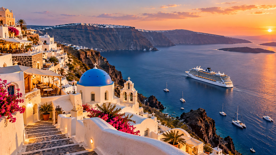 Cruise ship sailing near Santorini’s whitewashed villages and volcanic caldera at sunset in the Aegean Sea.