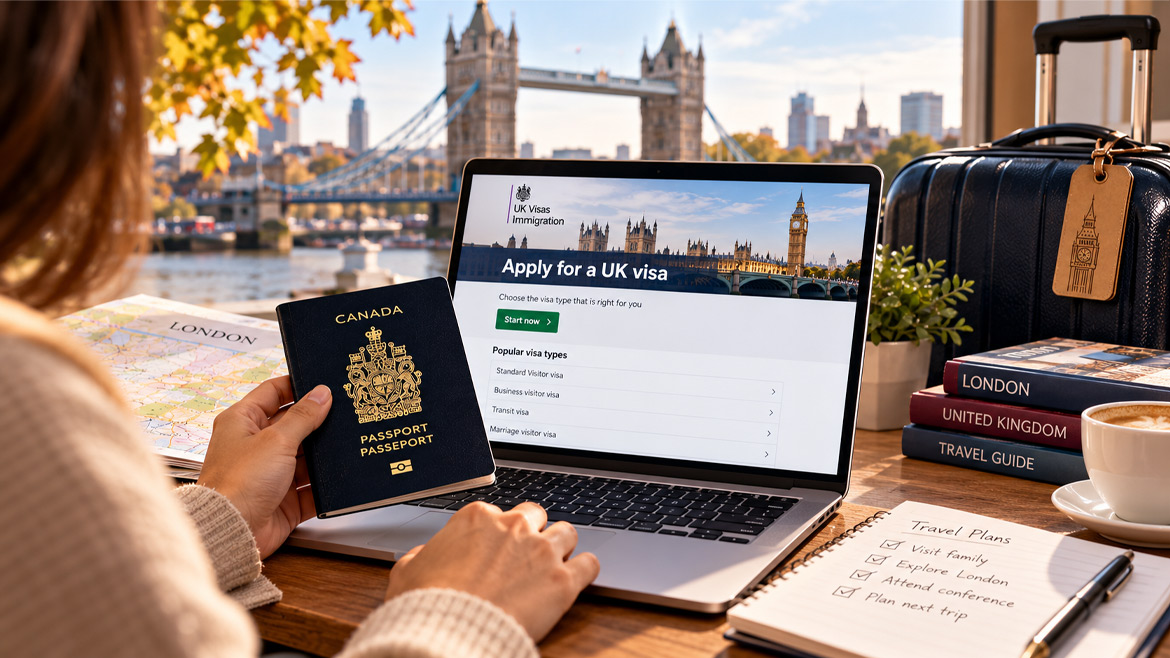 Traveller completing a UK visitor visa application online with a Canadian passport and travel documents.