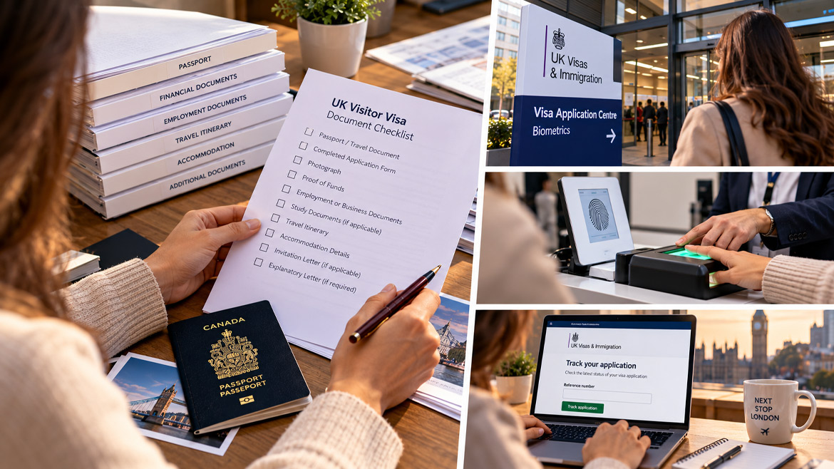 UK visitor visa application process showing document preparation, biometrics appointment and application tracking.