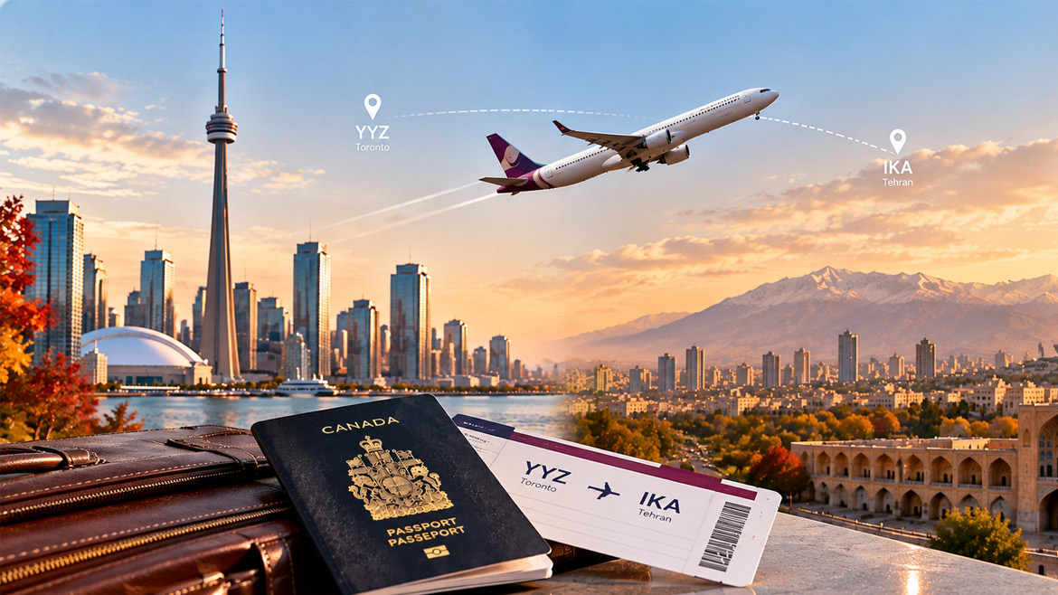 Canada to Iran flight booking with Toronto and Tehran skylines.