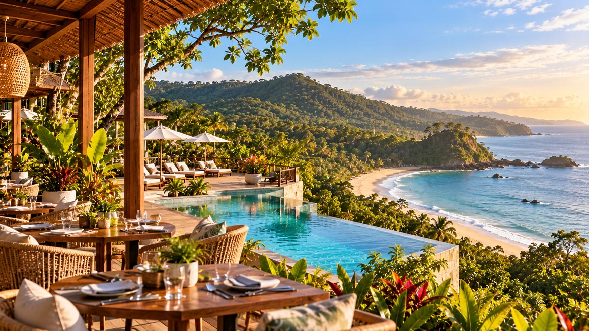 Luxury tropical resort overlooking a secluded Pacific beach, lush green hills and ocean views.