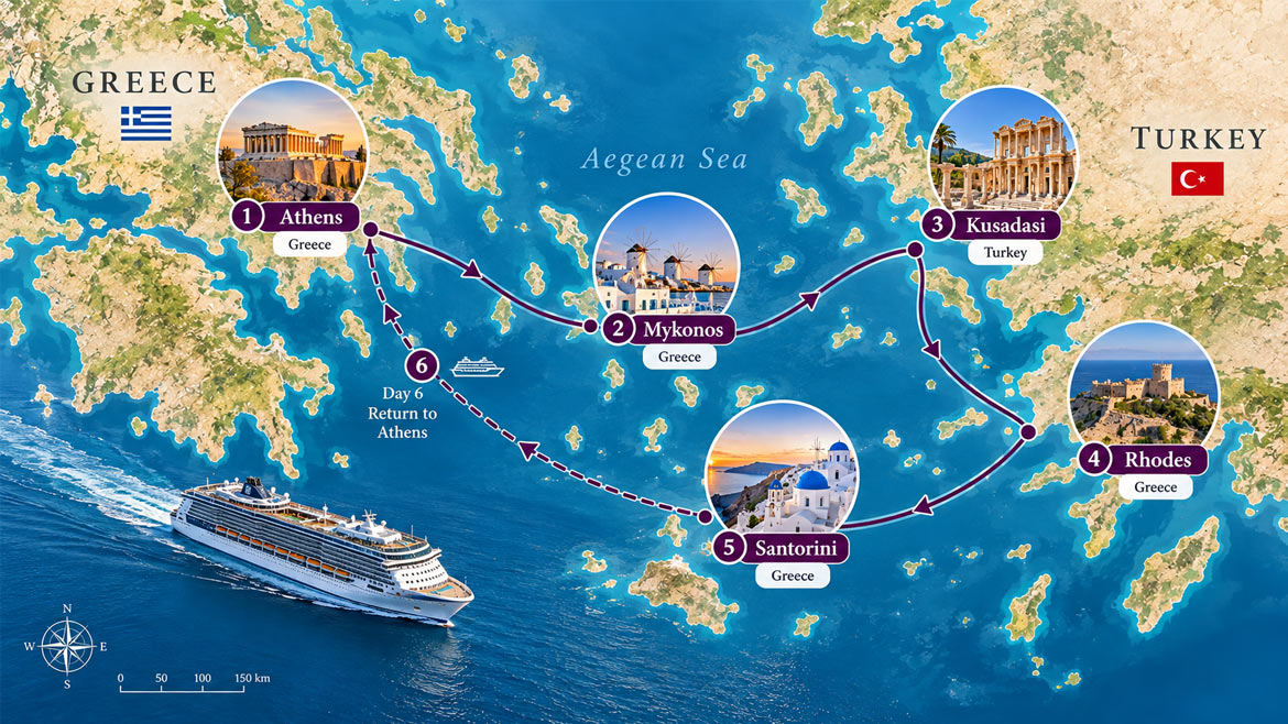 Aegean Sea cruise route map showing Athens, Mykonos, Kusadasi, Rhodes and Santorini, with numbered stops in Greece and Turkey.