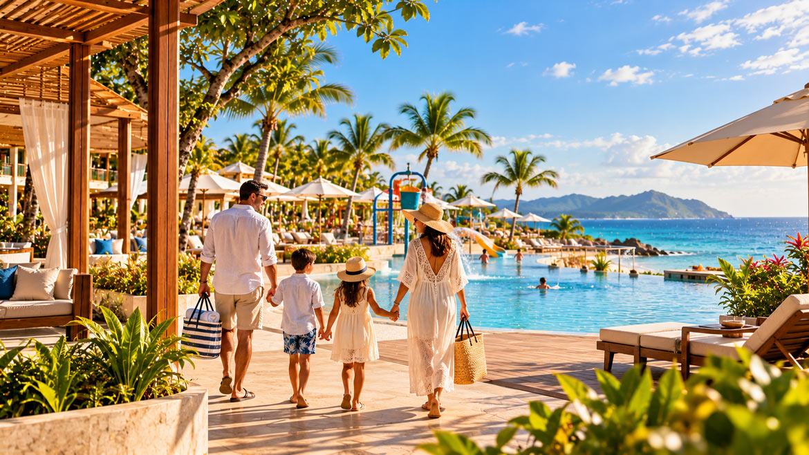 Family enjoying an all-inclusive beach resort with tropical pools, palm trees and ocean views