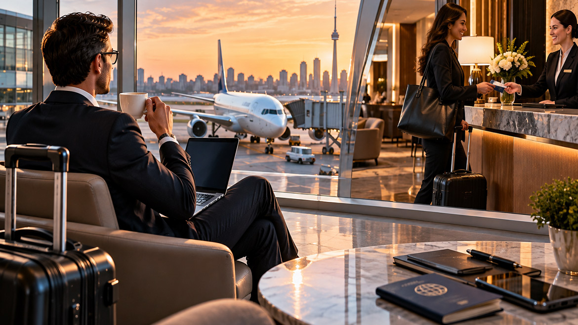 Corporate business traveller at an airport lounge and hotel check-in, representing business flight and hotel booking services.