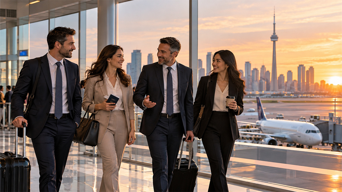 Business professionals travelling through an airport in Toronto for corporate travel.