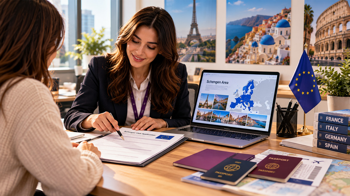 Travel consultant assisting with a Schengen visa application from Canada, including documents and European travel planning.