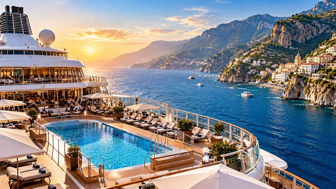 Luxury cruise ship pool deck overlooking the Mediterranean Sea and scenic European coastline.