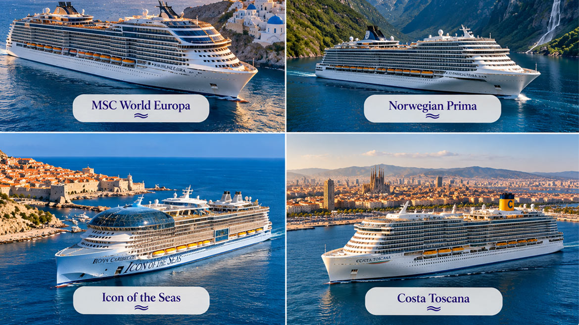 Four luxury cruise ships: MSC World Europa, Norwegian Prima, Icon of the Seas and Costa Toscana