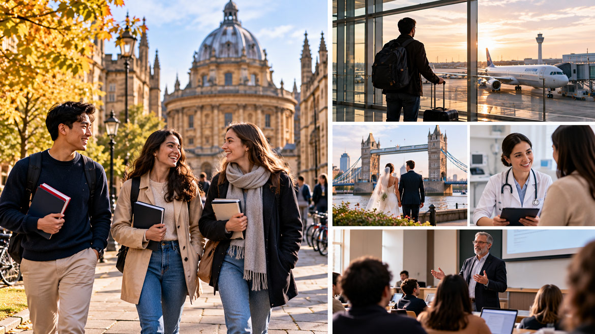 UK visa visit purposes featuring international students, airport transit, marriage, medical consultations and academic visits.