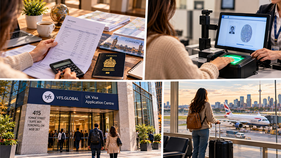 UK visa application process in Canada, including financial documents, biometrics, Toronto visa centre and airport departure.