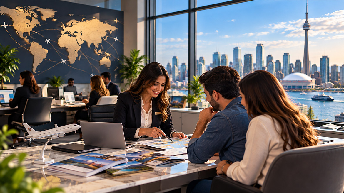 Travel consultant assisting clients at Alaedin Travel Canada