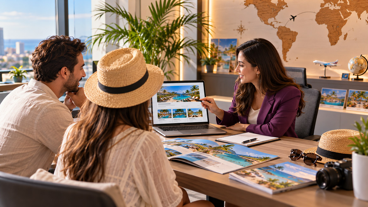 Travel consultant helping a couple compare all-inclusive vacation packages and beach resorts in Canada.