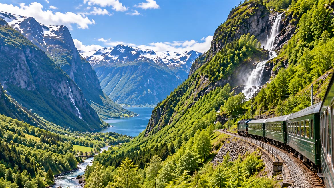 Flåm Railway train travelling through Norway’s lush green mountains, deep valleys and cascading waterfalls.