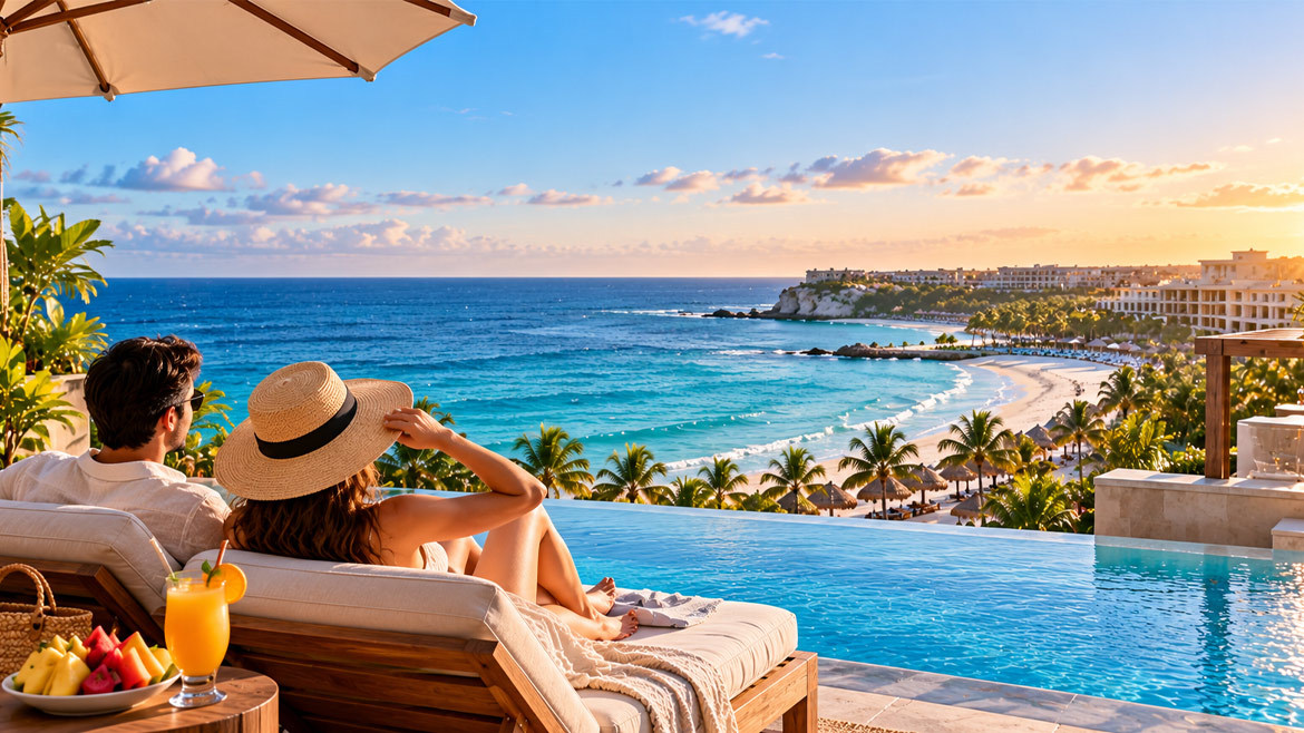 Couple relaxing by an infinity pool overlooking a tropical beach and luxury all-inclusive resort at sunset.