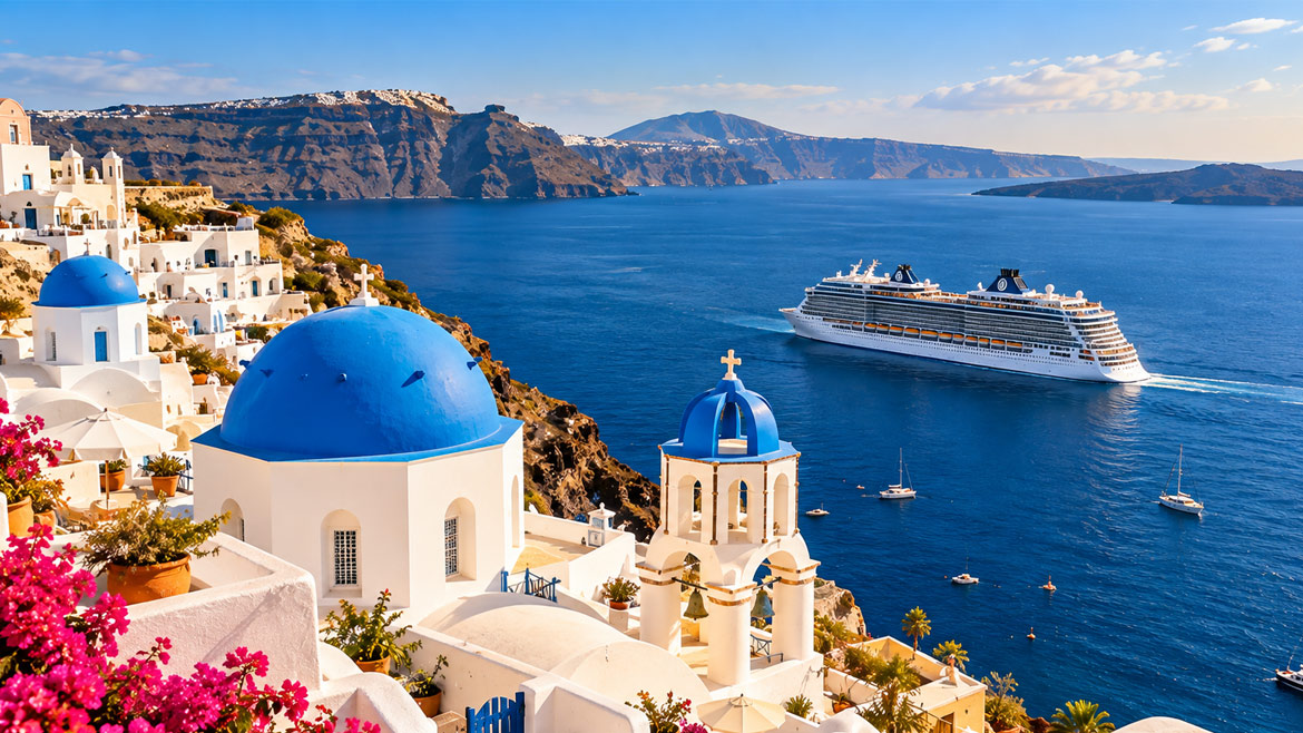 Luxury cruise ship sailing near Santorini's whitewashed buildings and blue-domed churches in the Aegean Sea.