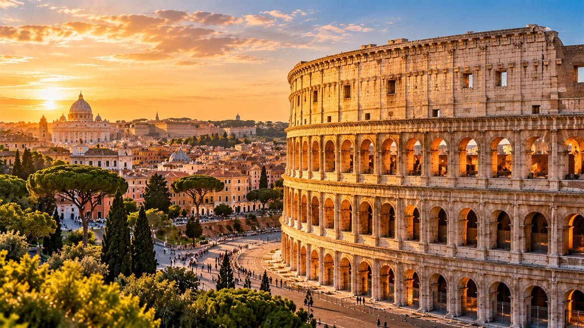 Colosseum in Rome, Italy, overlooking historic buildings and the city skyline at sunset