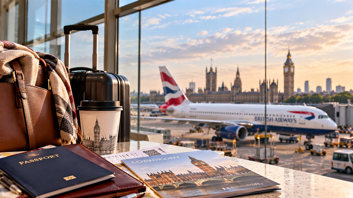 Passport and travel documents at an airport overlooking a British Airways aircraft, representing UK visa applications from Canada.