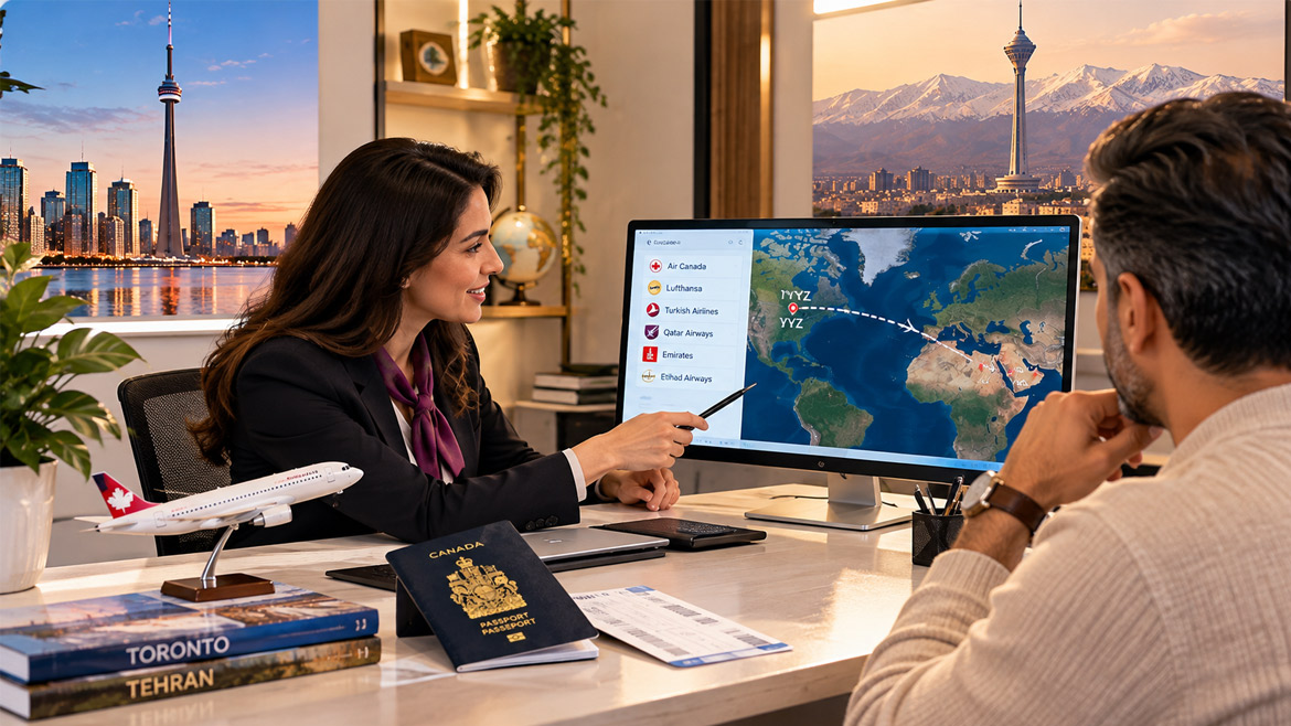 Travel consultant assisting with Canada to Iran flight booking in Toronto.