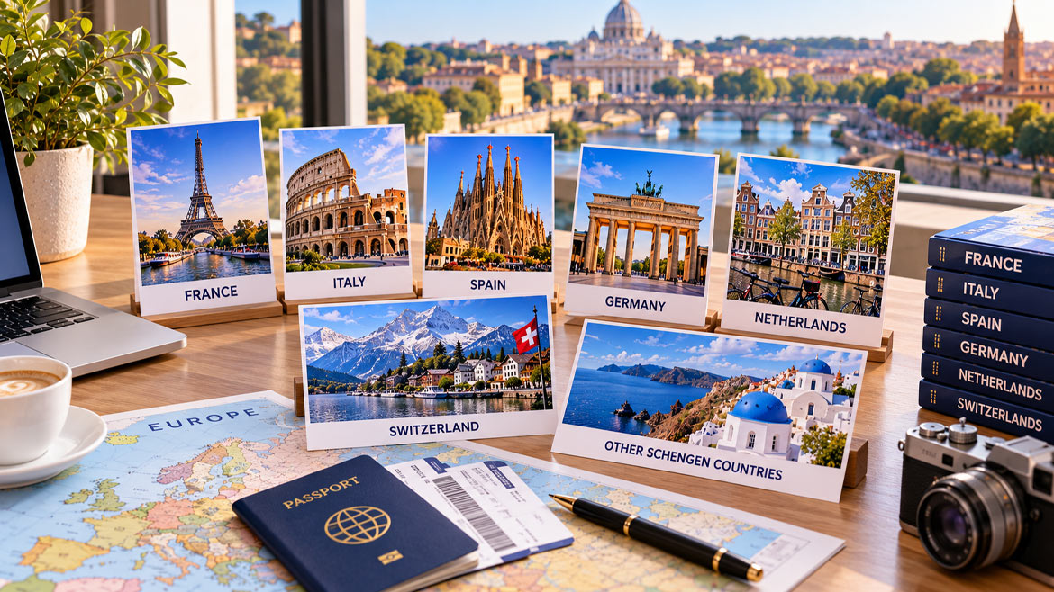 Schengen visa destinations including France, Italy, Spain, Germany, Netherlands and Switzerland.