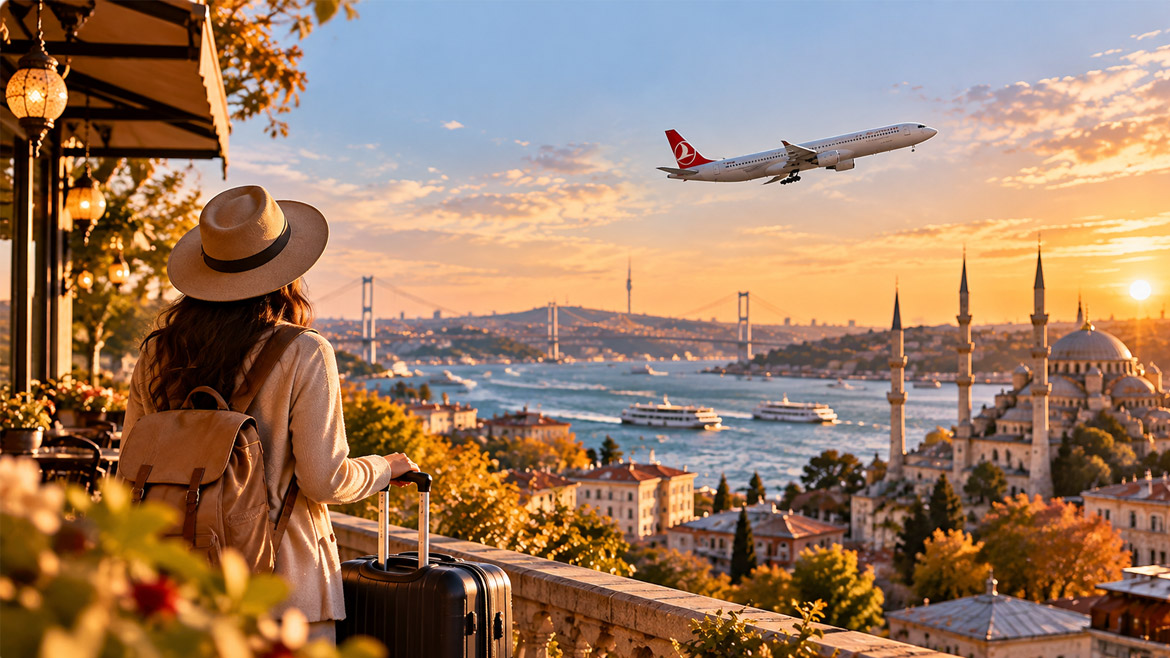 Traveller overlooking Istanbul with a Turkish Airlines plane on a Canada to Iran flight route.