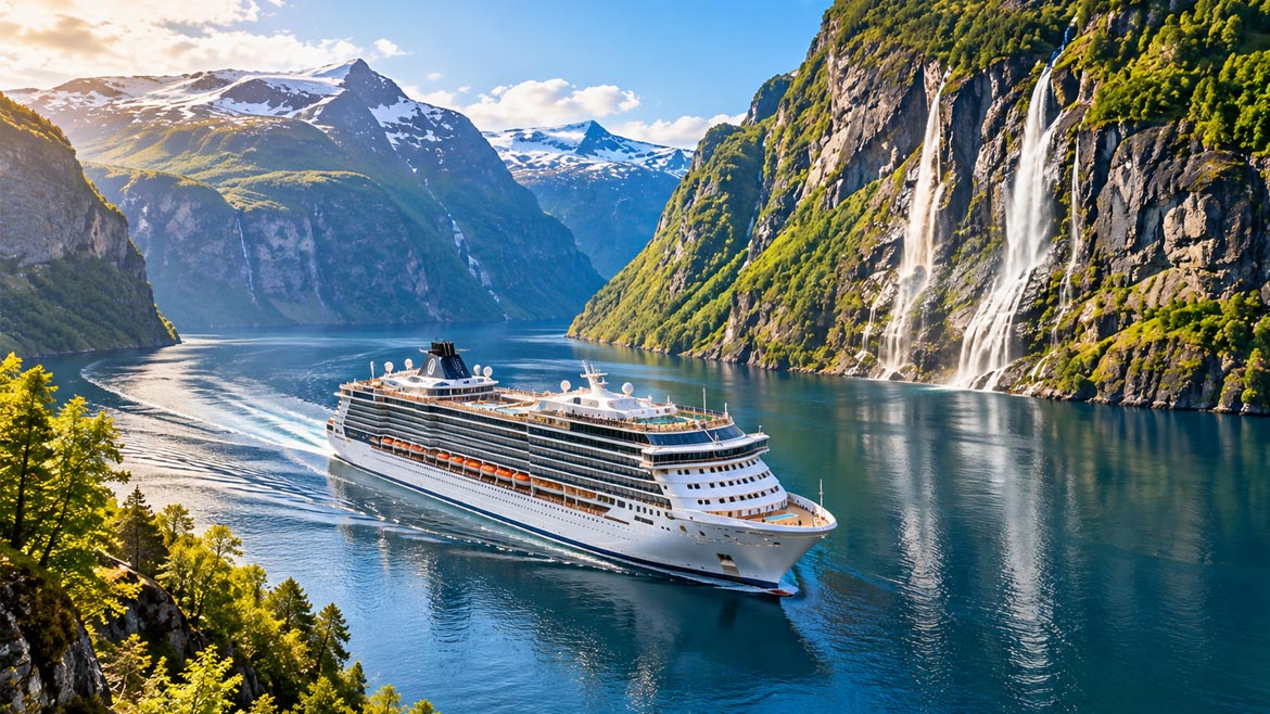 Luxury cruise ship sailing through Norway’s scenic fjords, surrounded by green mountains, towering waterfalls and calm blue waters.