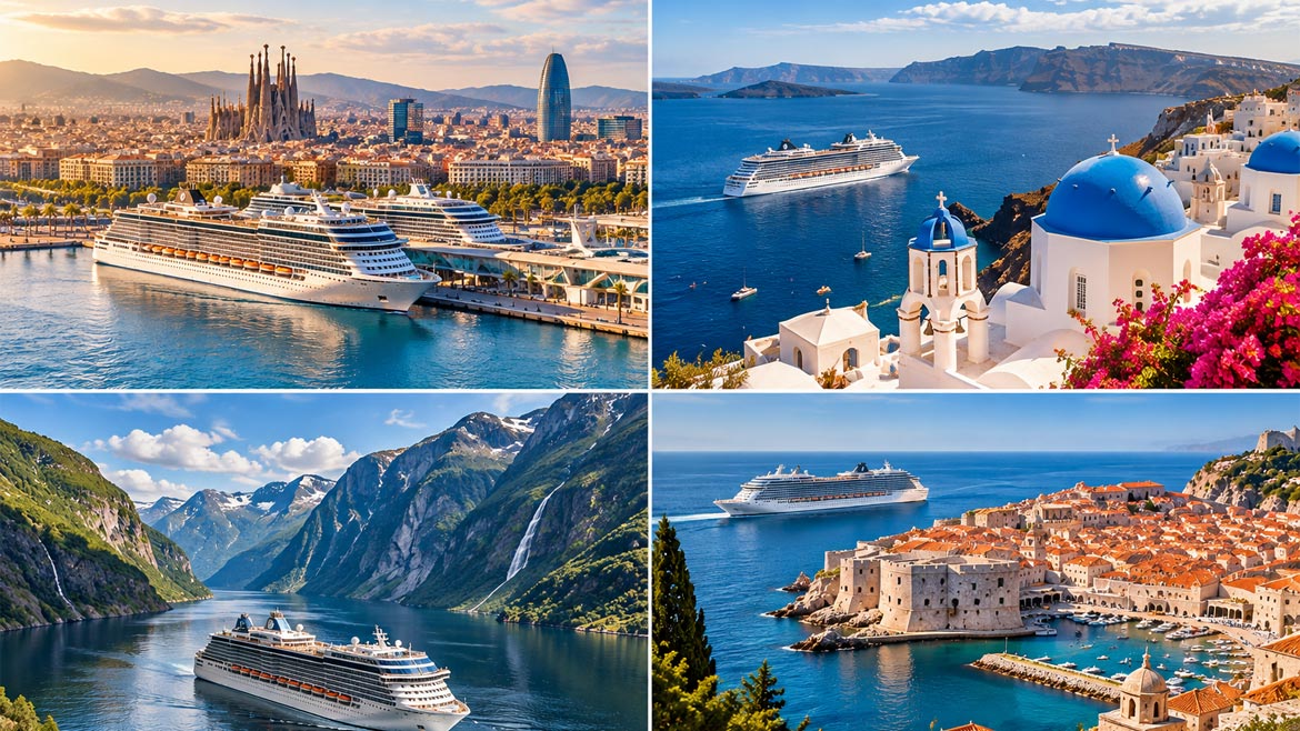 European cruise ships in Barcelona, Santorini, Norwegian fjords and Dubrovnik.