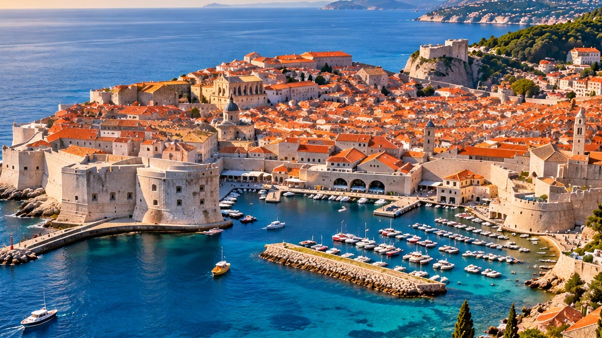 Aerial view of Dubrovnik Old Town, featuring historic stone walls, red rooftops and the Adriatic Sea in Croatia.