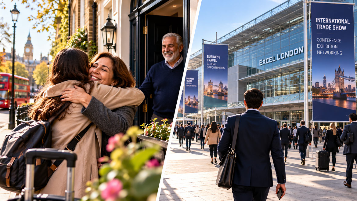 Family reunion in London and business travellers attending an international conference at ExCeL London.