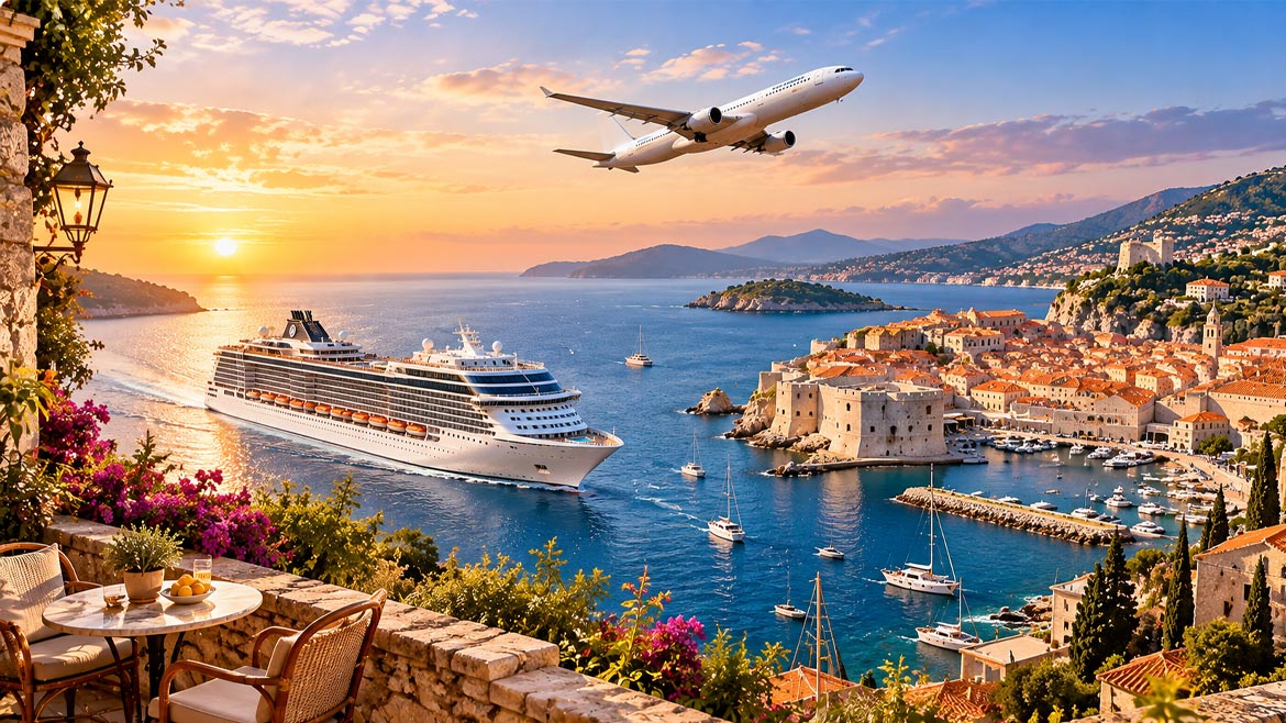 Luxury cruise ship and passenger airplane overlooking a scenic Mediterranean coastal town.