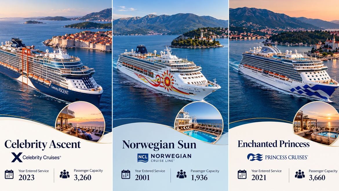 Celebrity Ascent, Norwegian Sun and Enchanted Princess cruise ships with ship details and scenic Adriatic Sea backgrounds.