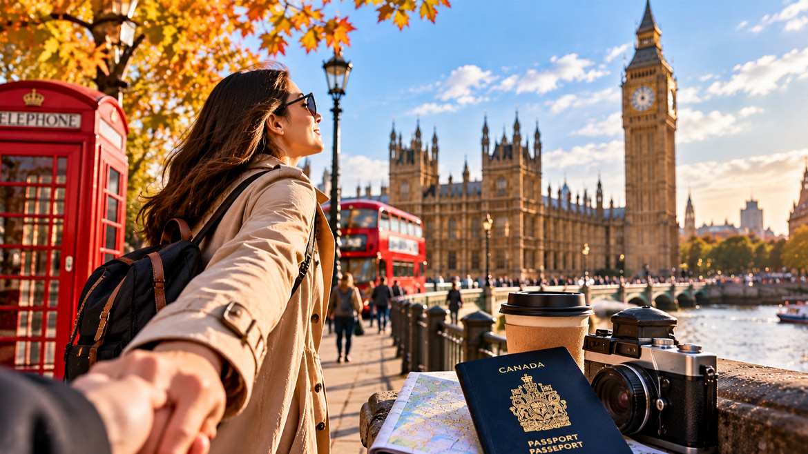 Happy tourist exploring London near Big Ben, a red telephone box and a double-decker bus.