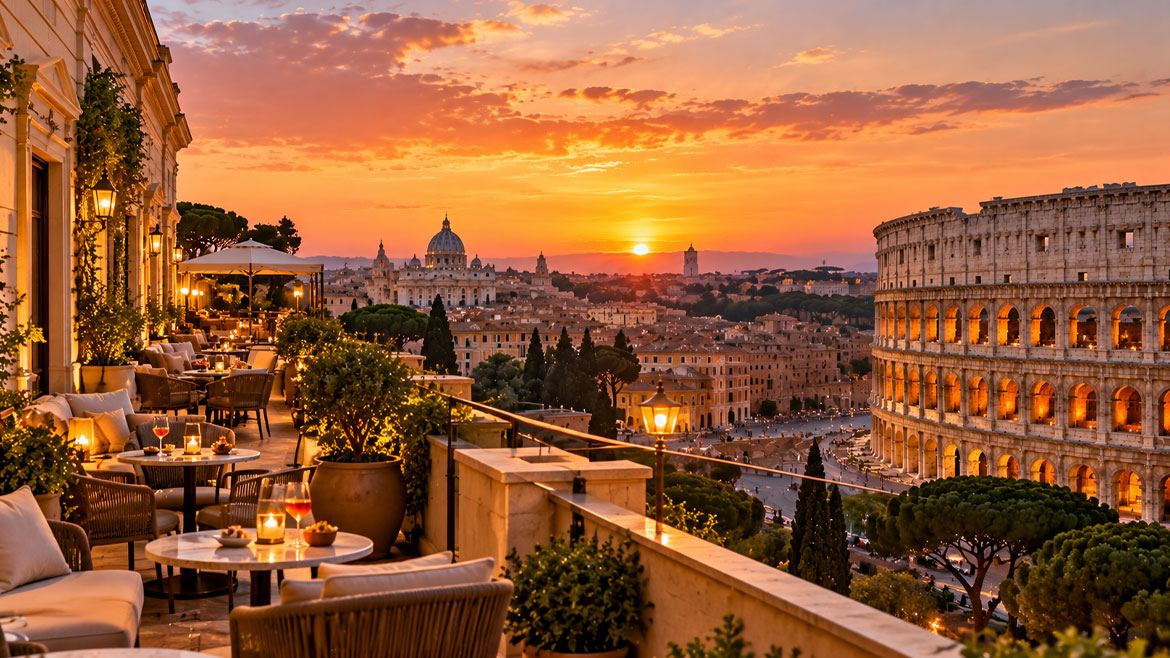Luxury hotel rooftop terrace overlooking the Colosseum and Rome skyline at sunset, Italy.