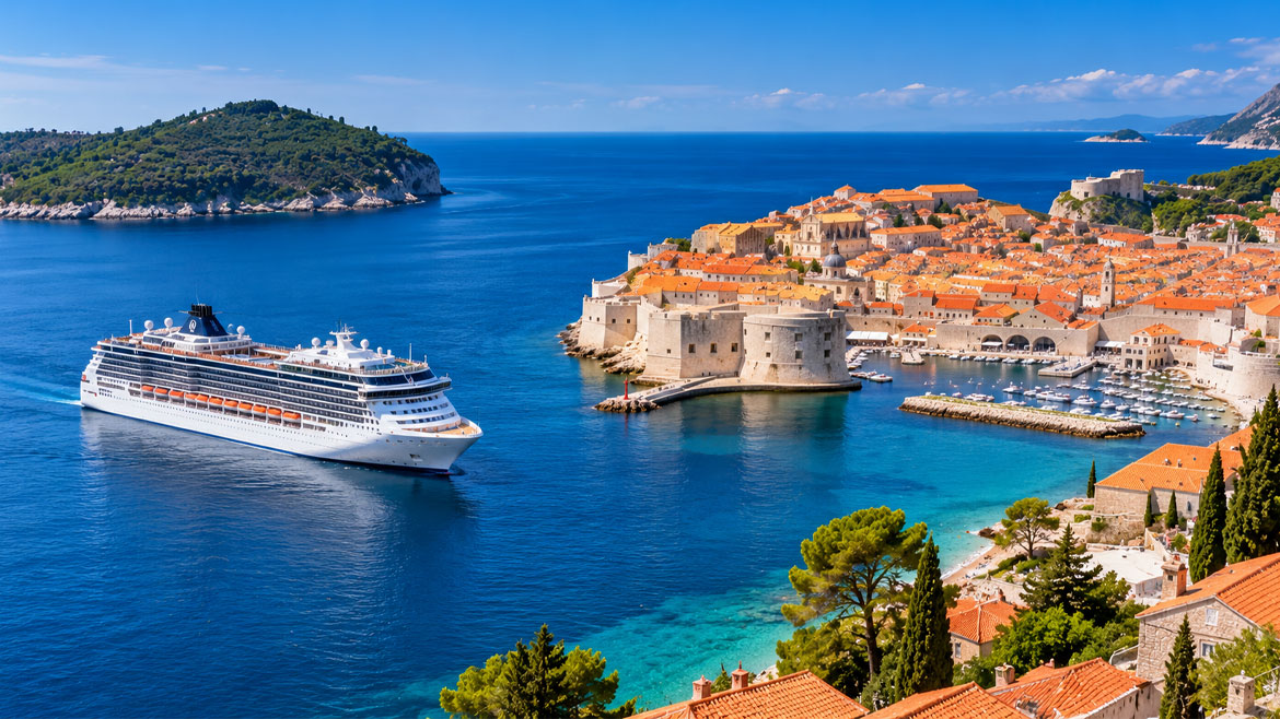 Luxury cruise ship sailing near Dubrovnik’s historic city walls and red-roofed Old Town on the Adriatic Sea, Croatia.