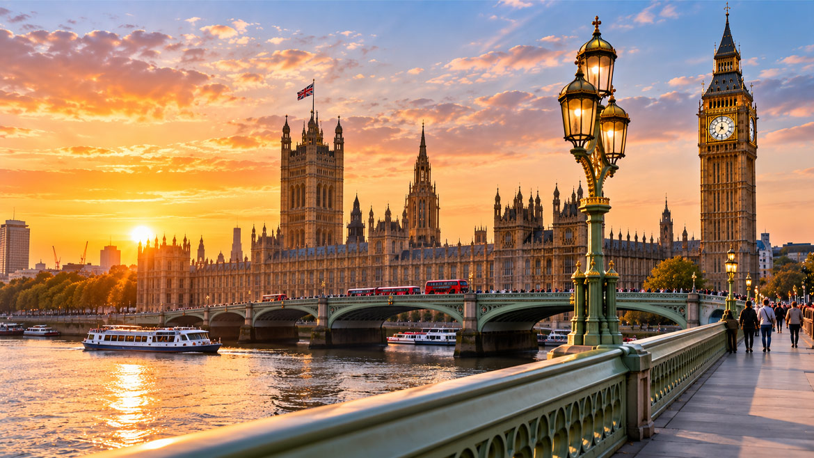 Big Ben, Westminster Bridge and the Houses of Parliament in London at sunset, United Kingdom.