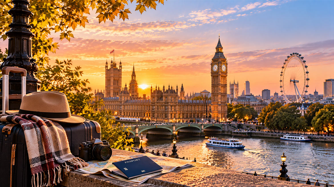 Passport, suitcase and travel essentials overlooking Big Ben and the London skyline at sunset.