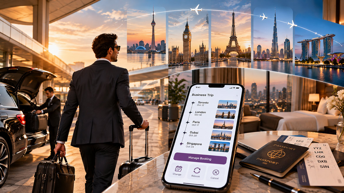 Corporate employee travel management with multi-city itineraries, recurring bookings and flight change assistance.