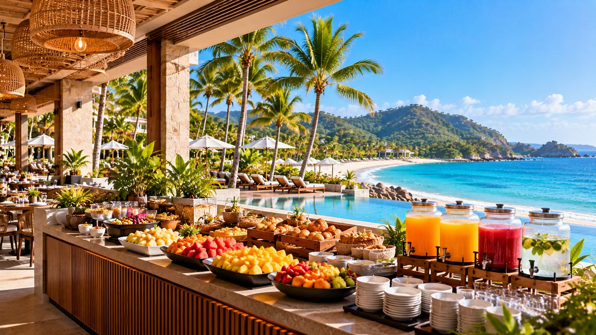 All-inclusive resort buffet with fresh fruit, breakfast dishes and tropical drinks overlooking the beach.