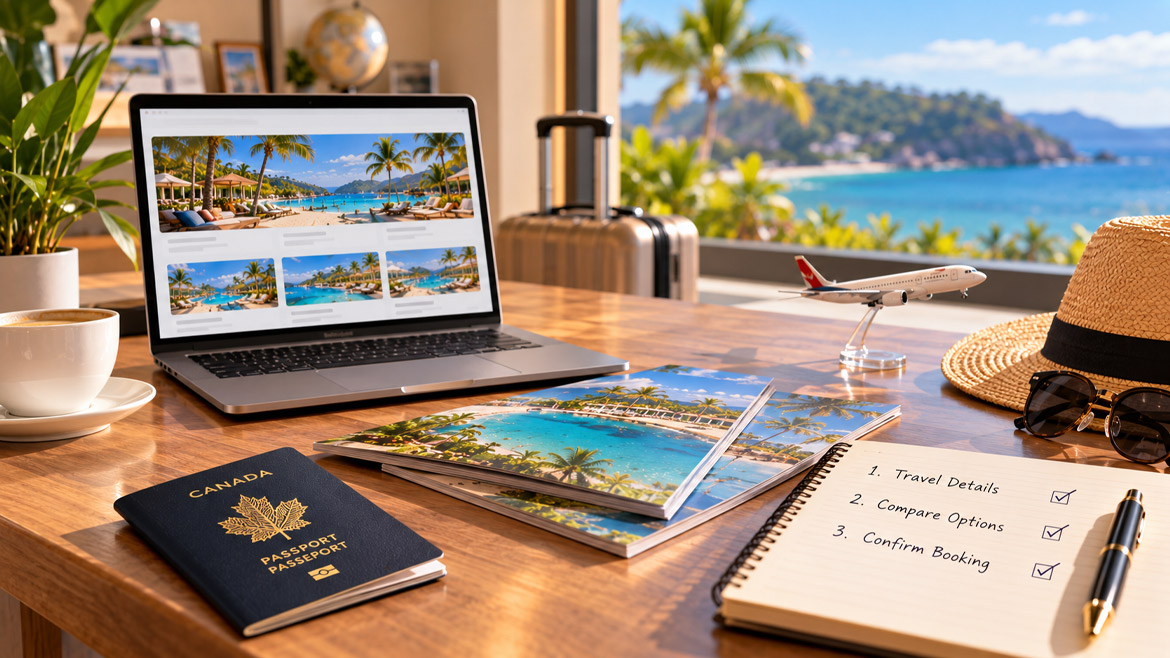 Three-step all-inclusive vacation planning process, from comparing resorts to confirming a booking.