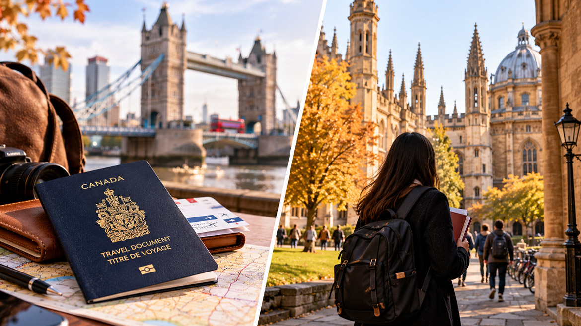 Canadian travel document beside Tower Bridge and an international student walking through a historic UK university campus.