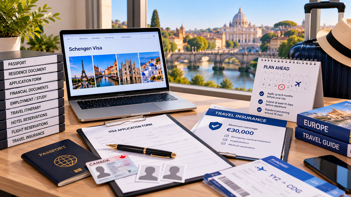 Schengen visa application documents, travel insurance requirements and processing timeline for Canadian residents.