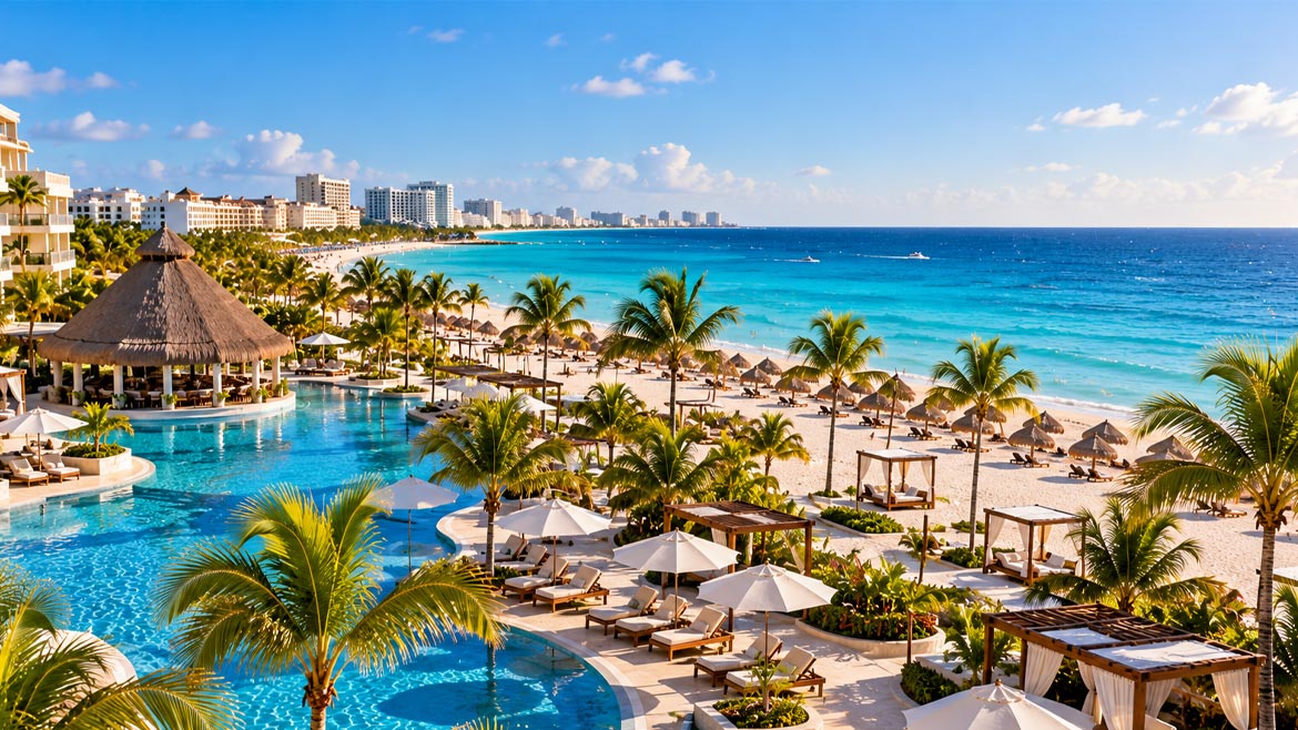 All-inclusive beachfront resort in Cancun, Mexico, featuring turquoise pools, palm trees and a white-sand beach.