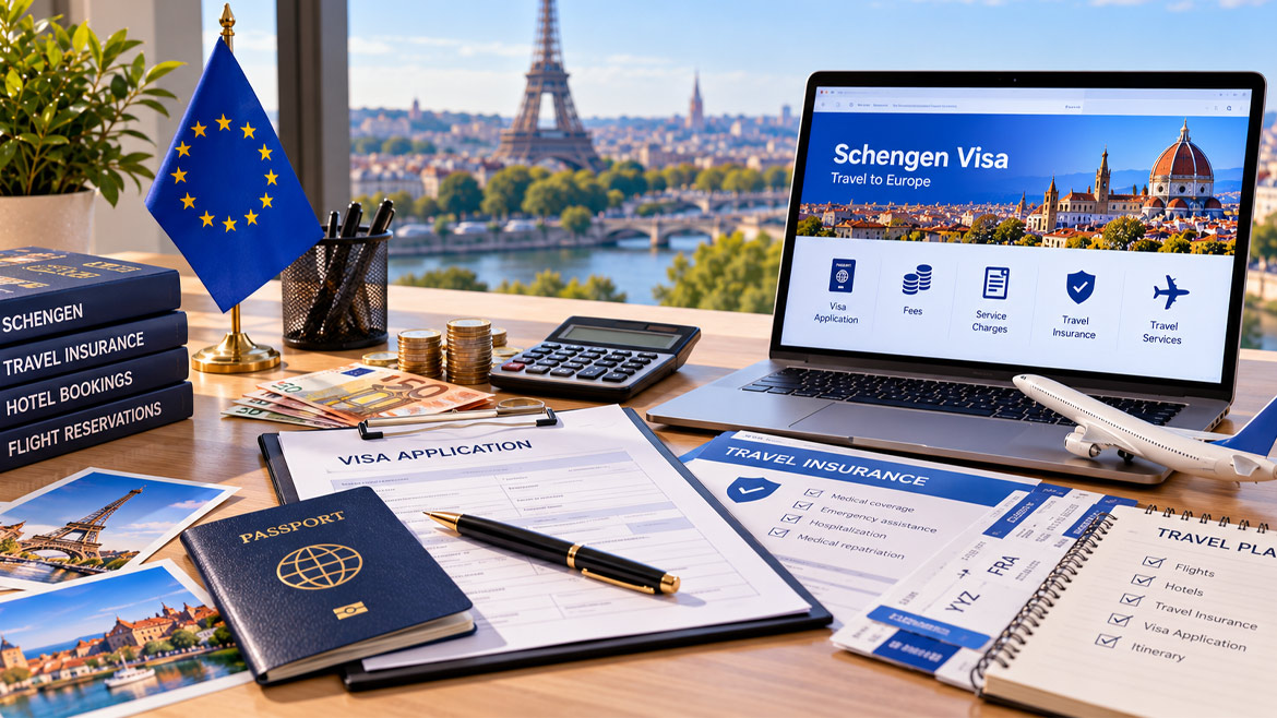 Schengen visa application fees, service charges, travel insurance and flight booking arrangements.
